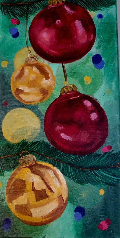 Detailreiche Darstellung mehrerer roter und goldenen Christbaumkugeln mit glänzender Oberfläche und weihnachtlicher Atmosphäre