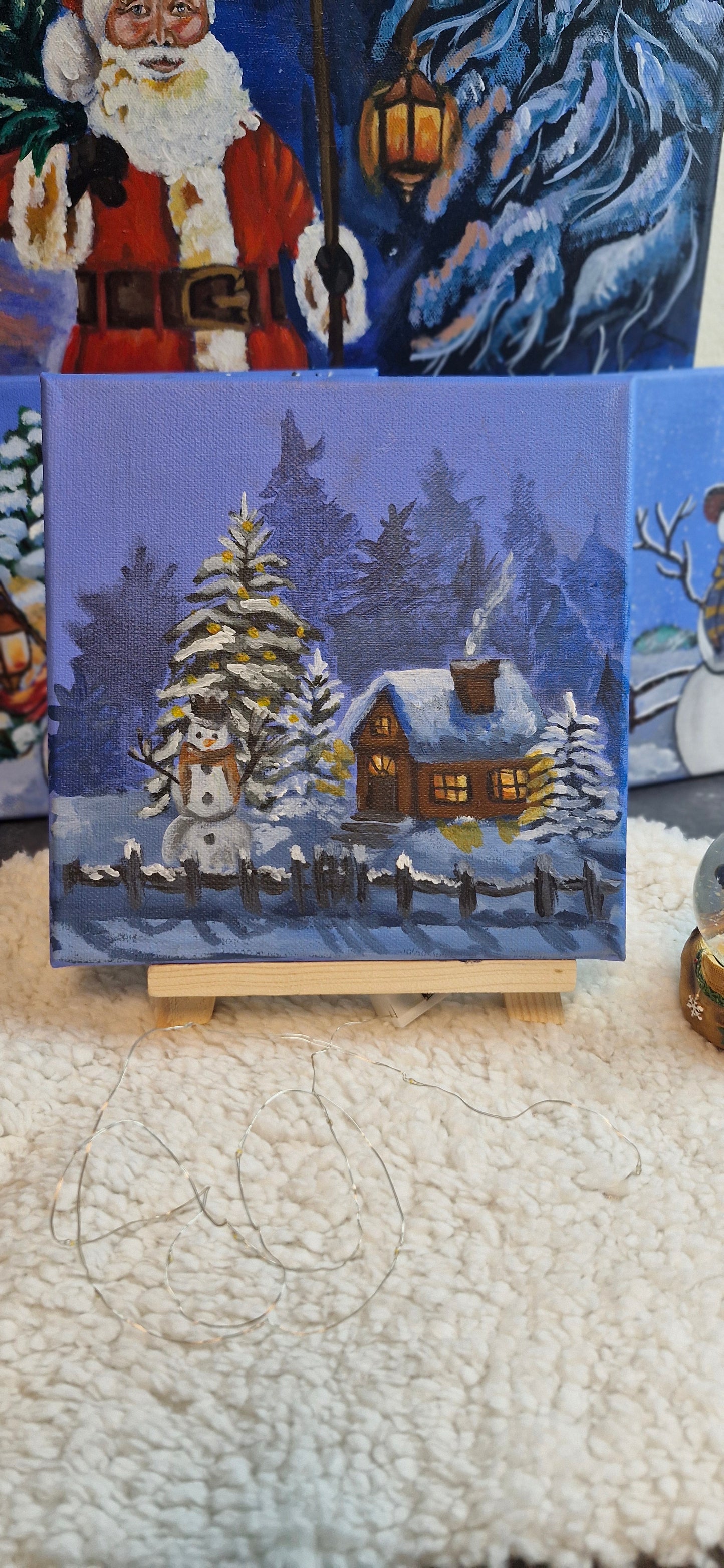 Cozy Winter Cabin Miniature Acrylic Painting on Canvas | Snowy Log Cabin & Snowman Art