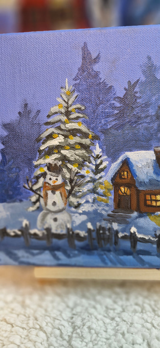 Cozy Winter Cabin Miniature Acrylic Painting on Canvas | Snowy Log Cabin & Snowman Art