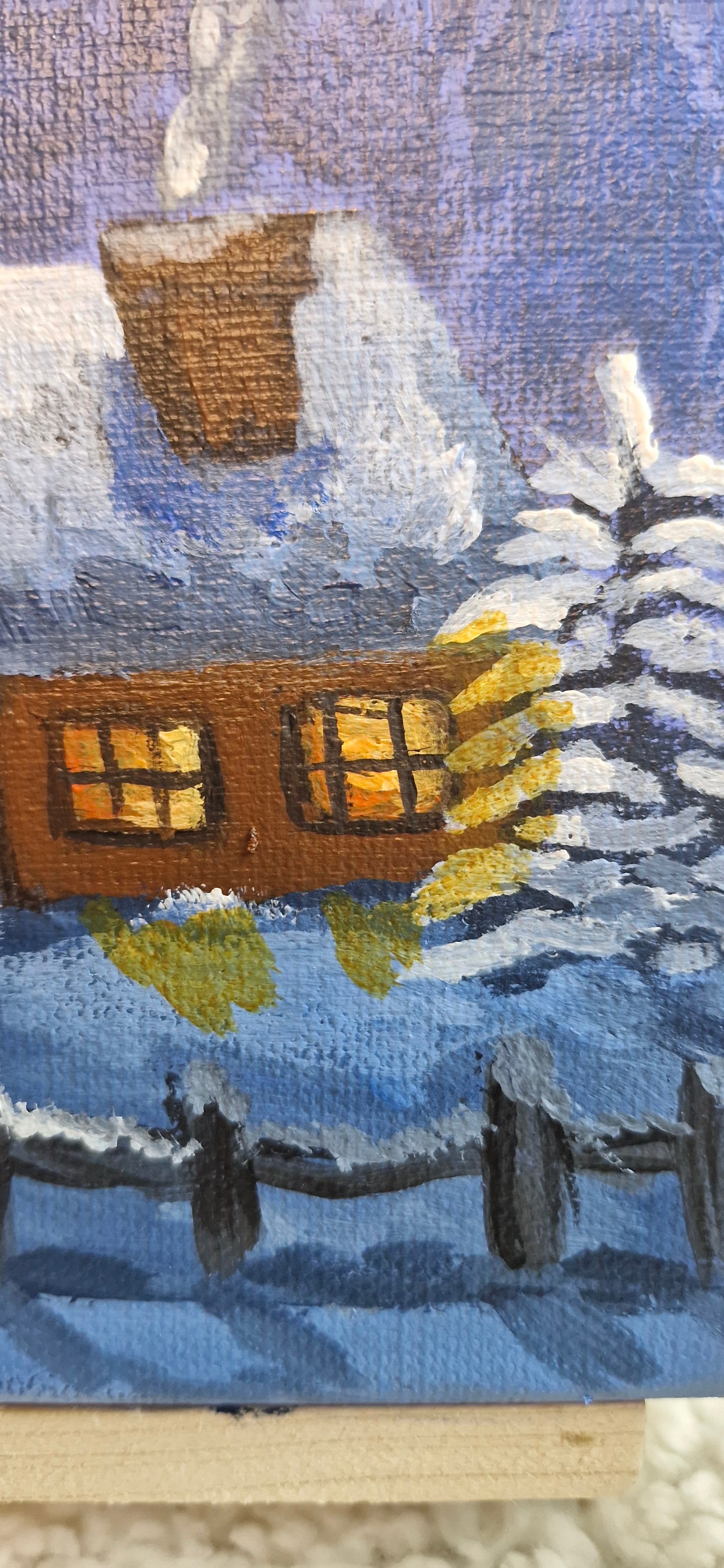 Cozy Winter Cabin Miniature Acrylic Painting on Canvas | Snowy Log Cabin & Snowman Art