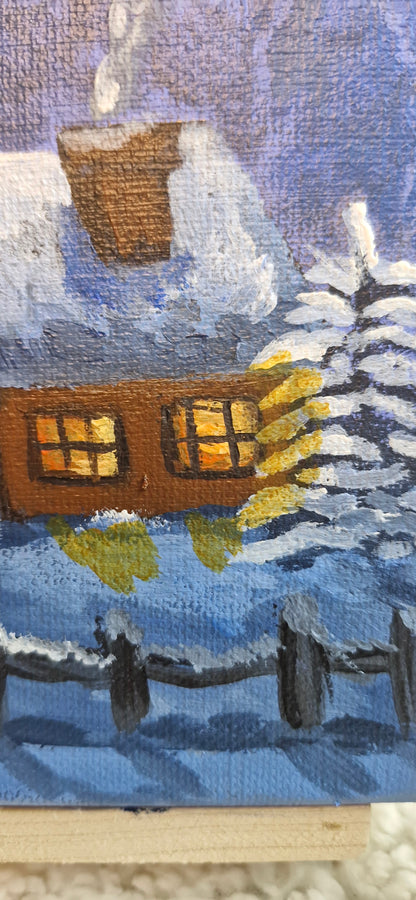 Cozy Winter Cabin Miniature Acrylic Painting on Canvas | Snowy Log Cabin & Snowman Art