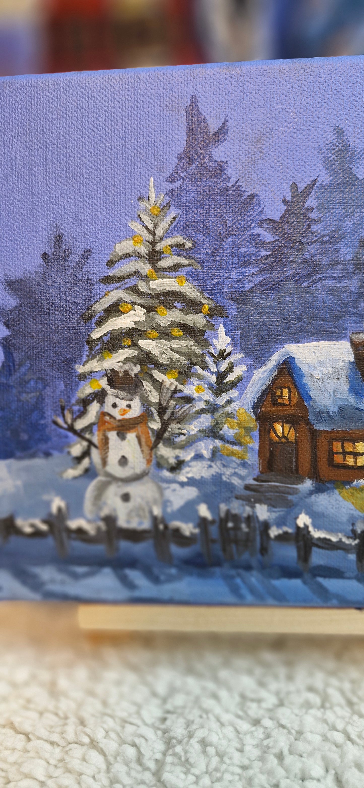 Cozy Winter Cabin Miniature Acrylic Painting on Canvas | Snowy Log Cabin & Snowman Art