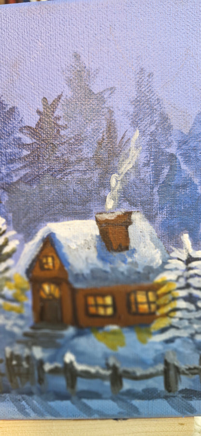 Cozy Winter Cabin Miniature Acrylic Painting on Canvas | Snowy Log Cabin & Snowman Art